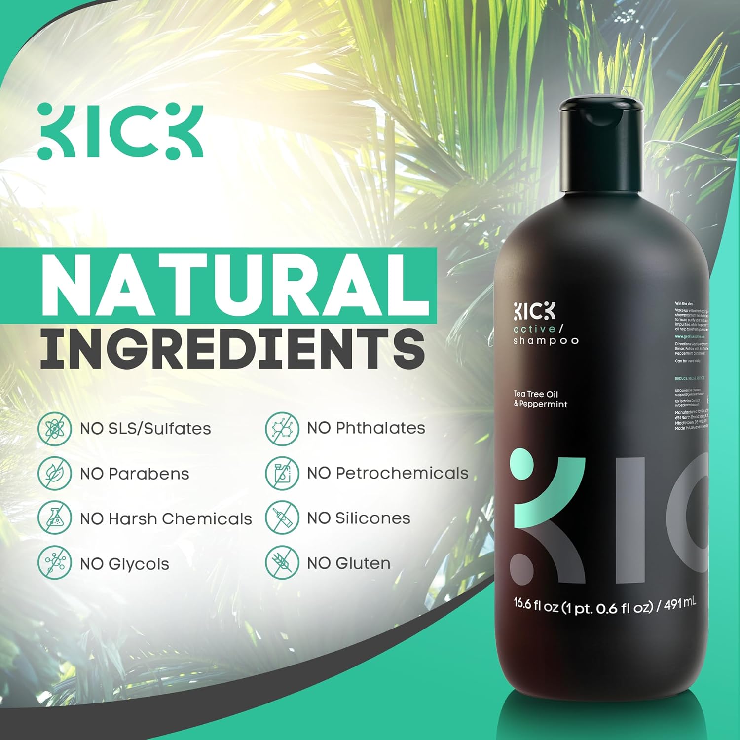 Kick Mens Shampoo - Peppermint & Tea Tree for Oil Control - Sulfate-Free, Refreshing Formula - Anti-Dandruff and Scalp Soothing - Shampoo for Oily Hair - Cruelty-Free - 16.6oz - Image 3