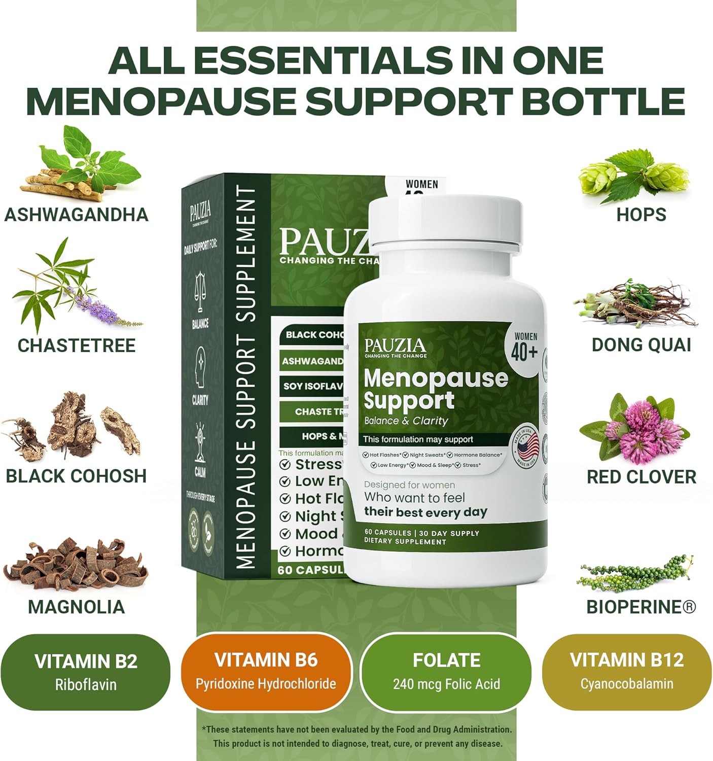 PAUZIA Menopause Supplements for Women 40+ | Natural Menopause Relief with Black Cohosh, Ashwagandha, Vitex | Hot Flash & Mood Support | Hormone-Free | Made in USA (60 Vegan Capsules) - Image 4