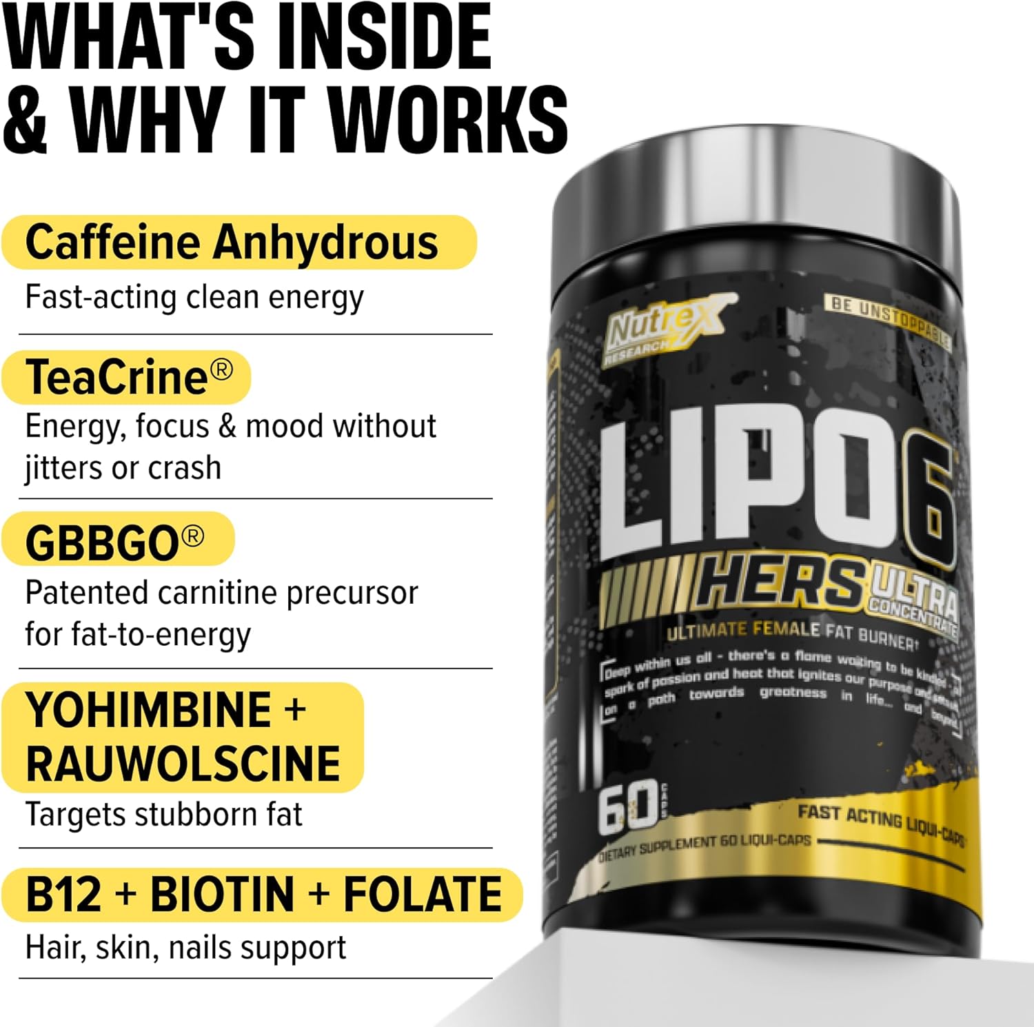 Lipo-6 Black Hers Ultra Concentrate | Weight Loss Pills for Women | Fat Burner, Appetite Suppressant, Metabolism Booster for Weight Loss + Hair, Skin, & Nails Support | 60 Diet Pills - Image 5