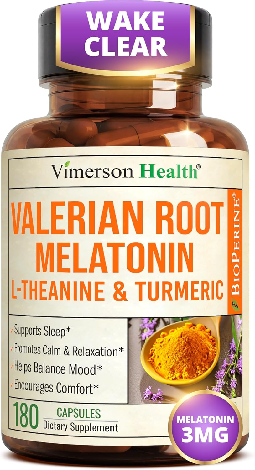 Melatonin 3mg + Valerian Root for Sleep, Daily Calm & Stress Relief Support – Natural Sleep Aid: Organic Turmeric Melatonin Valerian Supplement with L-Theanine, Ginger & Black Pepper – 180 Capsules