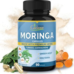 Cadane Moringa Extract Capsules, 3 Months Supply with Ashwagandha, Tulsi, Ginger, Turmeric - Energy Support, Immune System - 90 Capsules