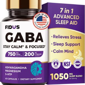 GABA L-Theanine Ashwagandha - 1050mg Blend - Made in USA - Advanced Sleep Aid & Calm- Magnesium, 5-HTP, Vitamin B6 & B12, GABA (Gamma Aminobutyric Acid) Supplement - Melatonin-Free & Non-Habit Forming