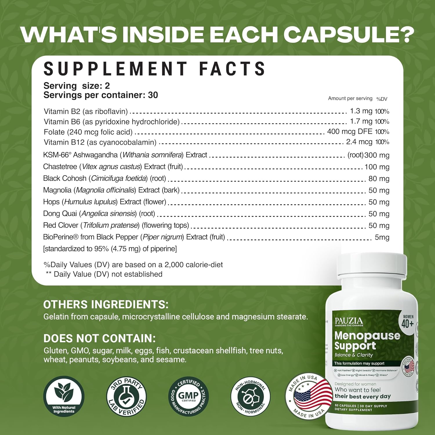 PAUZIA Menopause Supplements for Women 40+ | Natural Menopause Relief with Black Cohosh, Ashwagandha, Vitex | Hot Flash & Mood Support | Hormone-Free | Made in USA (60 Vegan Capsules) - Image 5