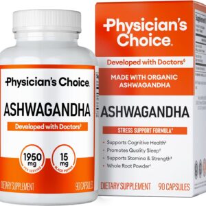 Physician's CHOICE Ashwagandha Supplement - 1950mg of Bioavailable Organic Ashwagandha Root Powder - Black Pepper Extract, Stress Support, Mood Support Supplement, 90 Veggie Capsules