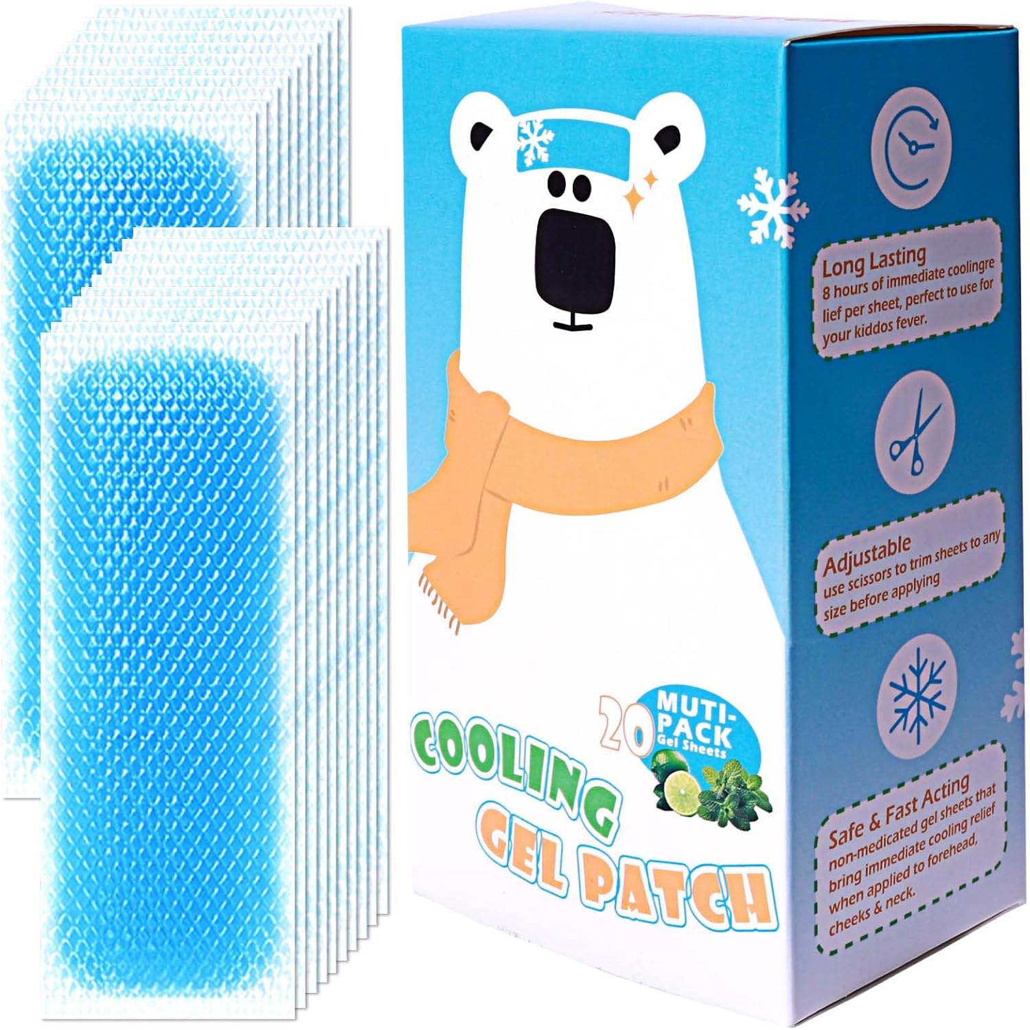 20 Count Cooling Patches for Kids and Adults, Long Lasting Cooling Gel Patches, Gentle Fever Relief & Summer Cooling Patches for Forehead, Disposable Cold Patch for Travel & Outdoor Activities