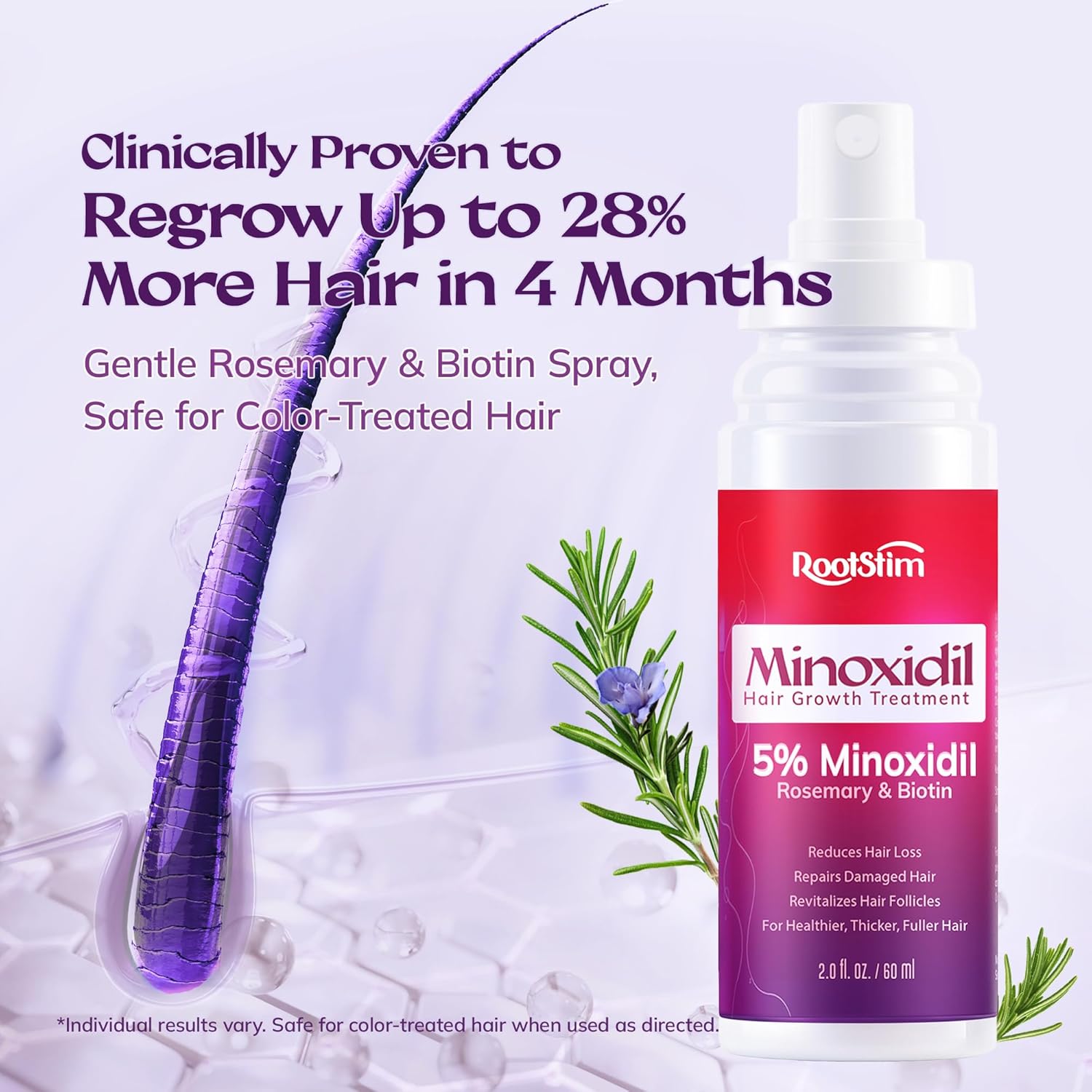 Women's 5% Minoxidil Spray for Hair Growth: 2-Pack RootStim Extra Strength Minoxidil with Rosemary & Biotin for Thinning Hair Regrowth and Fuller Hair - 60ML Each - Image 2