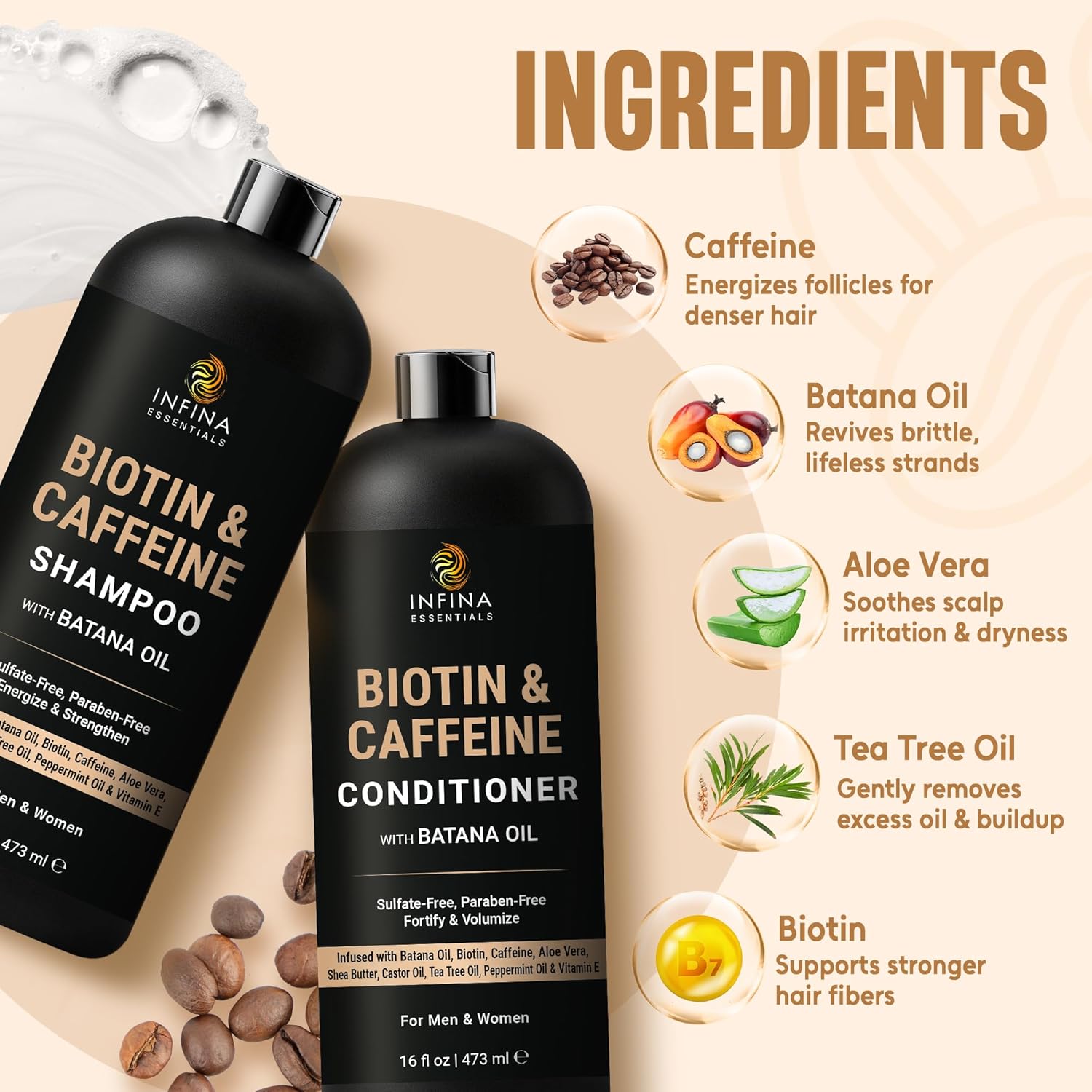 INFINA ESSENTIALS Caffeine Biotin Shampoo and Conditioner Set | Hair Thickening & Strengthening | 16 fl oz Each | with Batana Oil & Castor Oil | For Thinning Hair Care | Men & Women - Image 4