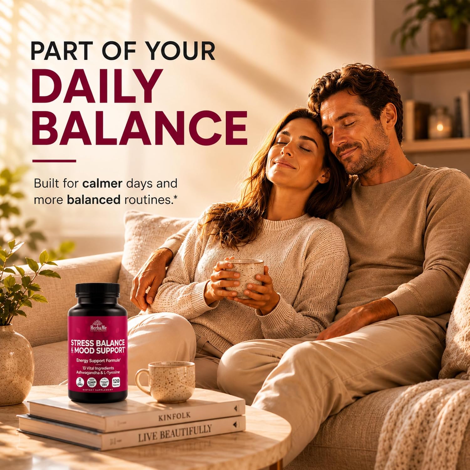 HerbaMe Stress & Mood Support Supplement with Ashwagandha & L-Tyrosine, Energy & Focus Formula, Helps Maintain Balanced Stress Response, 120 Capsules - Image 6