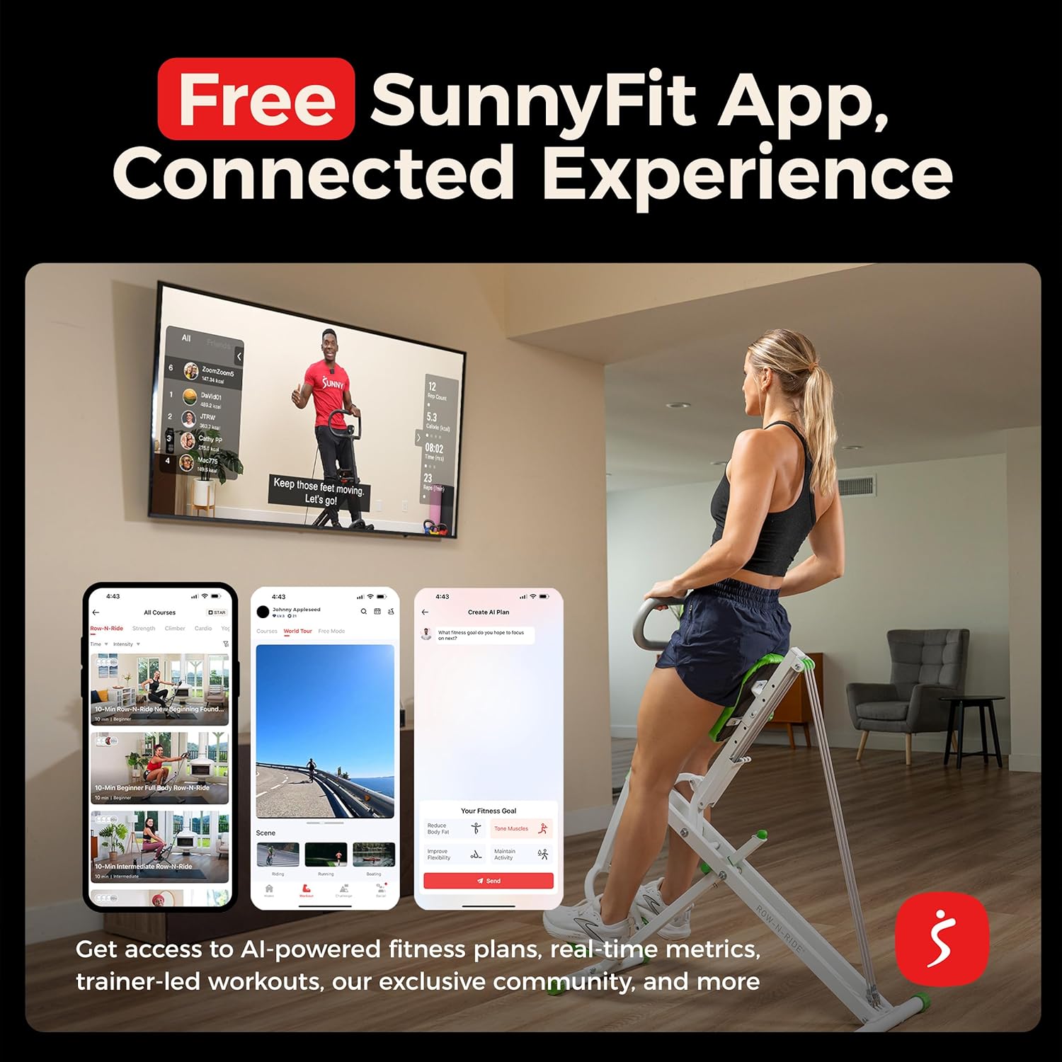 Sunny Health & Fitness Smart Row-N-Ride Glute & Leg Trainer, Foldable Squat Assist Rower with Exclusive SunnyFit App Connection - Image 3