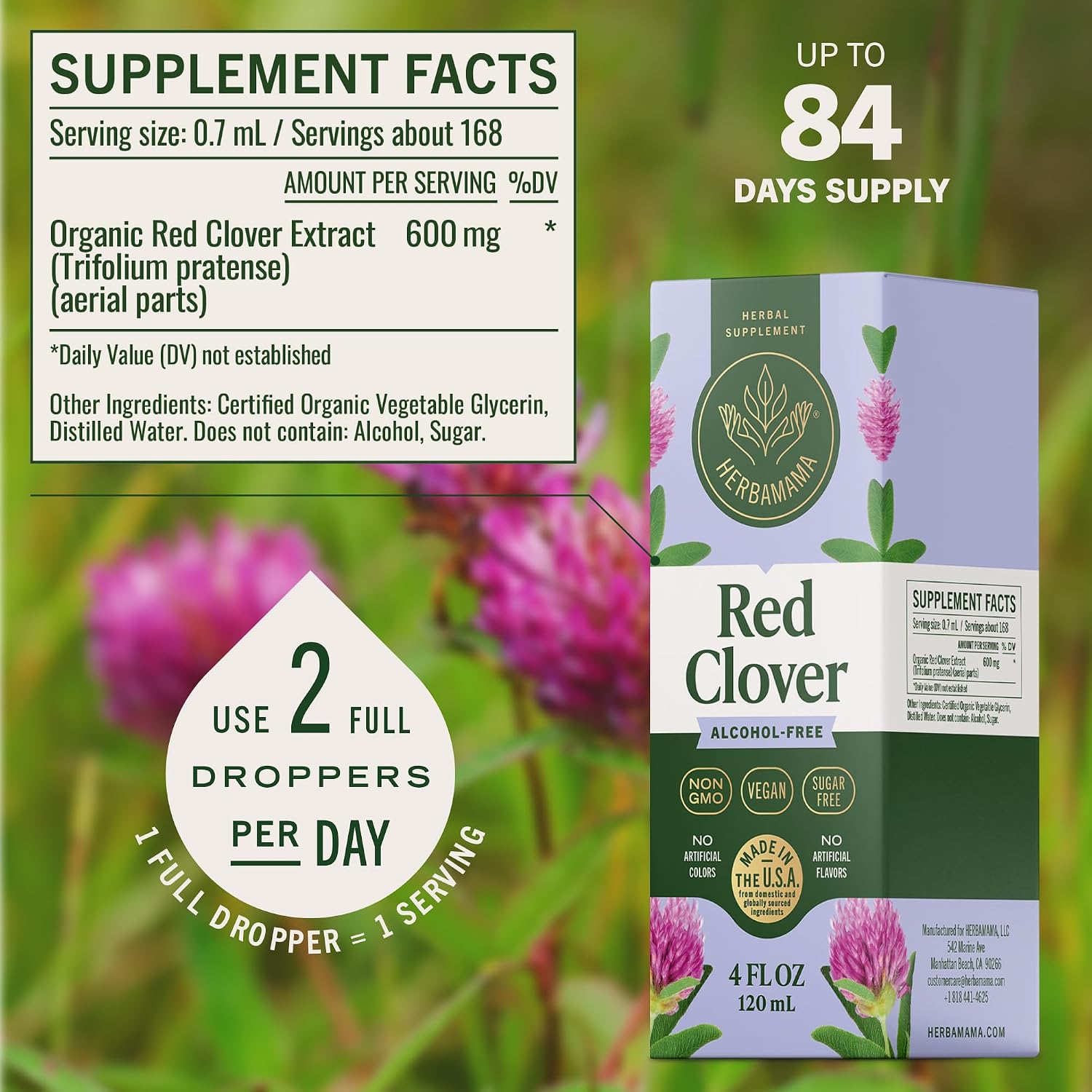HERBAMAMA Red Clover Supplement for Menopause Support* - Liquid Red Clover Herb with Isoflavones for Hormone Balance for Women - Lymphatic Drainage Drops - Vegan, Non-GMO, 84-Day Supply - Image 3