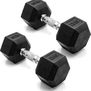 CAP Rubber Coated Dumbbell Weights, Free Weights for Home Gym Strength Training, Anti-Roll Hex Dumbbells with Black, Chrome & Comfort Grip Handles, Pairs & Sets