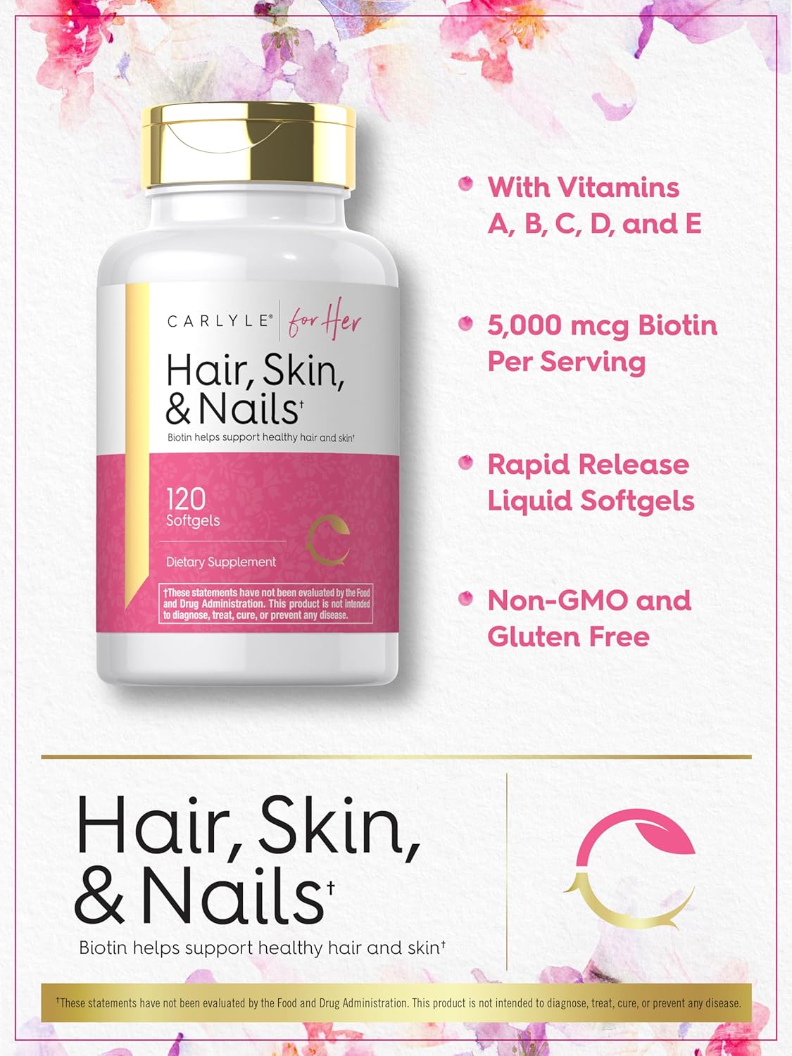 Carlyle Hair Skin and Nails Vitamin | 120 Softgels | Beauty Formula Supplement | with Biotin and Collagen Zinc, Vitamin A, B6, C & E | Non-GMO, Gluten Free - Image 4