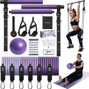 Upgraded Pilates Bar Kit with Resistance Bands Natural Latex for Women & Men, Heavy-Duty Stainless Steel Multifunctional Yoga Pilates Stick for Home Gym Exercise Fitness Equipment Full-Body Workouts
