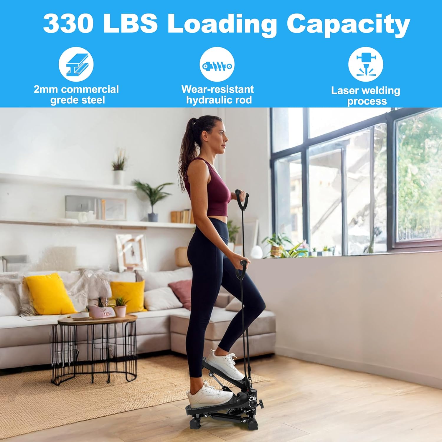 TOPMAJOR Steppers for Exercise at Home with 330 lbs Weight Capacity, Resistance Bands & Non-Slip Mat for Full Body Workout, Adjustable Height Hydraulic Stepper with LCD to Monitor Steps & Time - Image 3