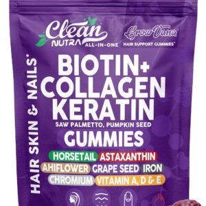 Biotin Gummies for Hair Growth, Hair Vitamins for Women with Collagen Keratin Zinc Saw Palmetto Horsetail Astaxanthin Pumpkin Seed MSM Grape Seed Iron Vitamins A D E, GrowVana by Clean Nutra 90 Count