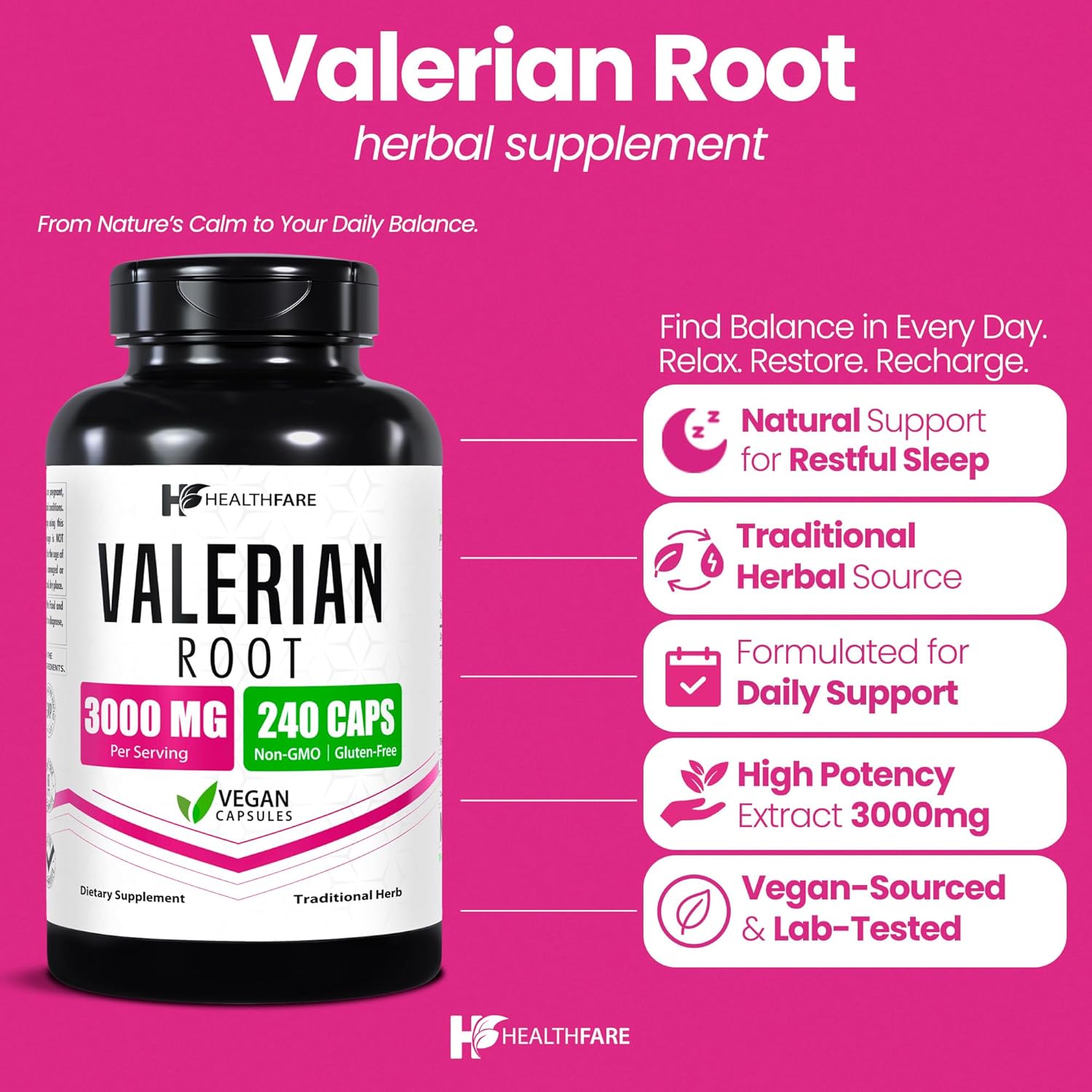 Healthfare Valerian Root Capsules | 3000mg High Potency Extract | 240 Vegan Pills | Herbal Supplement for Relaxation & Sleep Support | Non-GMO, Gluten-Free, Made in USA - Image 2