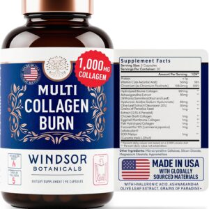Thermogenic Multi Collagen Burn Capsules - Hydrolyzed Multi Collagen Complex Types I, II, III, V, X, Marine Collagen, Hyaluronic Acid - Beauty and Anti-Aging Supplement for Women and Men - 90 Pills