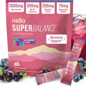 Nello Superbalance Hormonal Support Drink Mix, SRI-81 Shatavari, Myo-Inositol, Rhodiola Rosea, Vitamin C, Magnesium, Theobromine (20 Servings, Blueberry Acai)