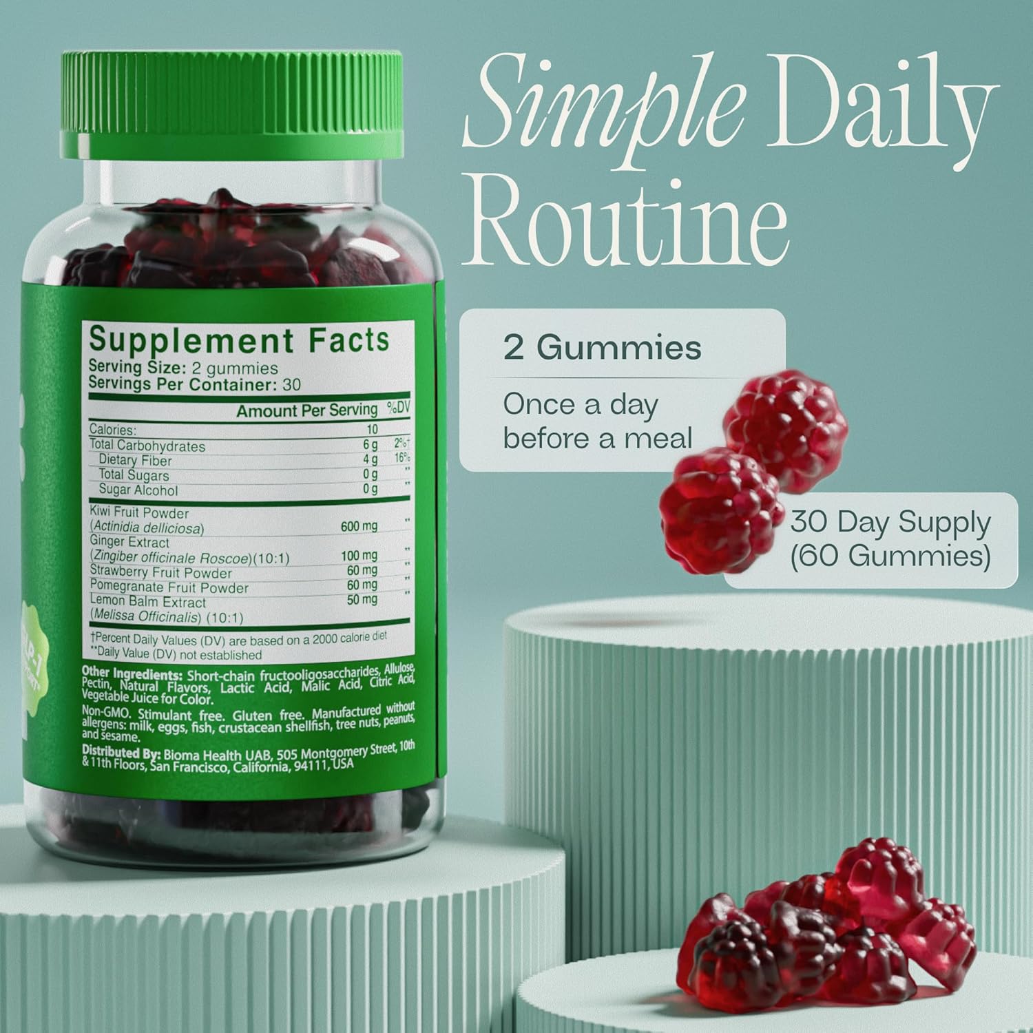 Fiber Gummies for Women - Natural GLP-1 Support with Kiwi, Pomegranate & Ginger - Sugar Free Digestive Health Supplement, Prebiotic FOS Fiber - Vegan & Gluten Free (60 Gummies - 30 Day Supply) - Image 4