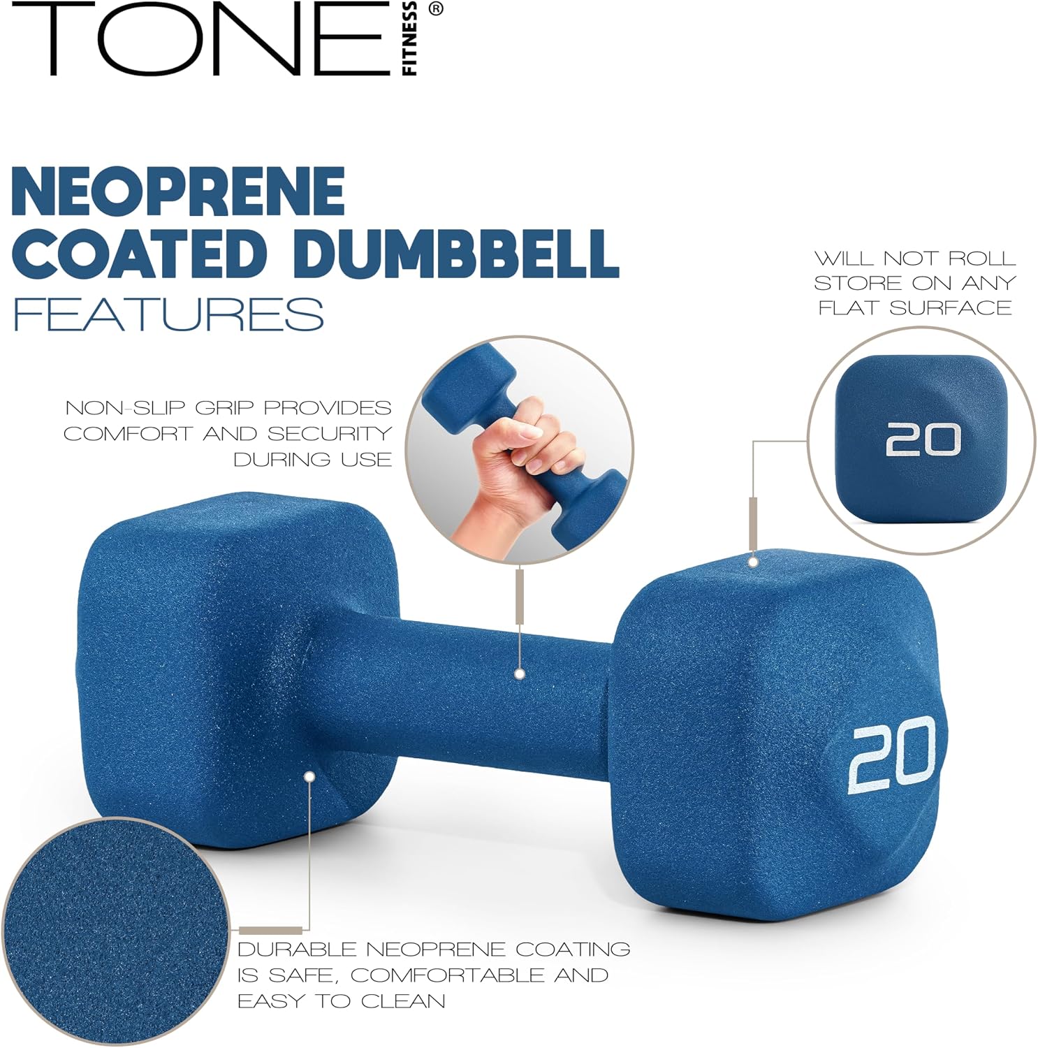 Tone Fitness Neoprene Dumbbell Weight Pairs with Anti-Roll Square Head | Multiple Options - Image 3