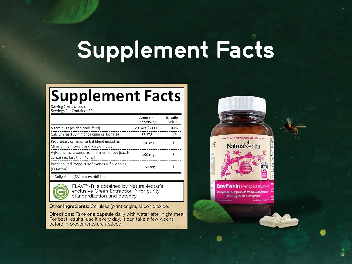 NaturaNectar - EaseFemin Menopausal Support Supplements for Women - Estrogen-Free Red Bee Propolis Capsules for Hot Flashes & Night Sweats - Natural and with Proprietary Calming Herbal Blend (30pcs.) - Image 6