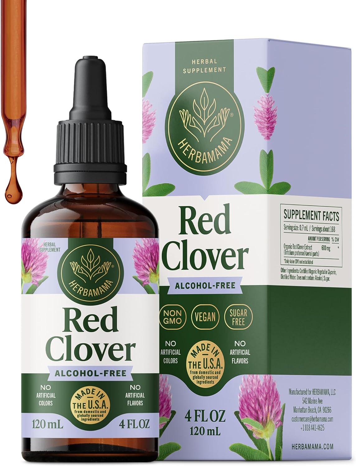 HERBAMAMA Red Clover Supplement for Menopause Support* - Liquid Red Clover Herb with Isoflavones for Hormone Balance for Women - Lymphatic Drainage Drops - Vegan, Non-GMO, 84-Day Supply