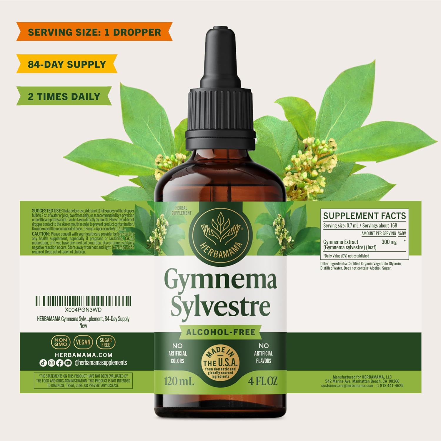 HERBAMAMA Gymnema Sylvestre Drops - Vegan Antioxidant & Overall Support with Gymnema Leaf Extract Tincture - Non-GMO, Alcohol & Sugar-Free Liquid Gurmar Supplement, 84-Day Supply - Image 8