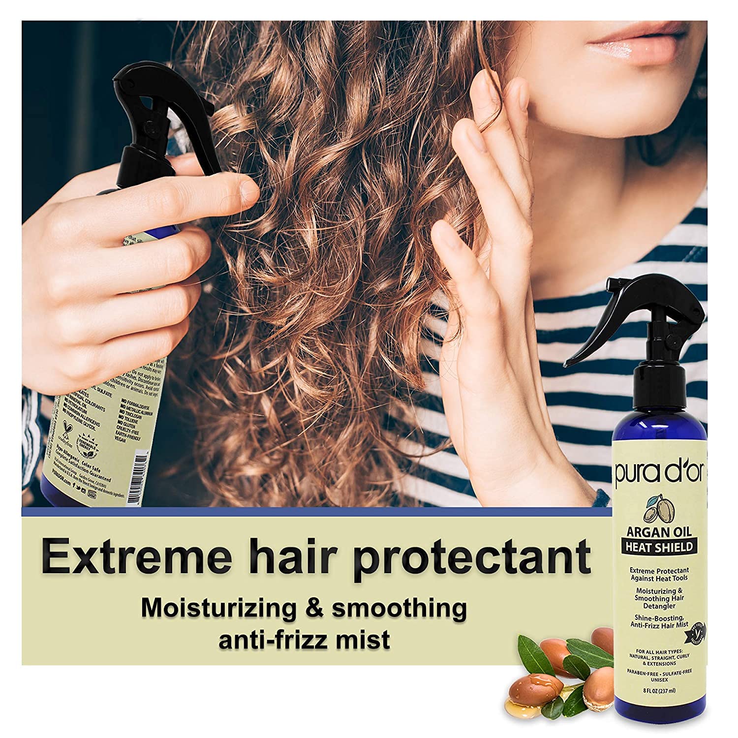 PURA D'OR Anti-Thinning Biotin Shampoo & Conditioner Set & Argan Oil Heat Shield Protectant Spray (8oz) Water Based Formula w/Organic Ingredients, Protects Up To 450º F From Flat Iron & Hot Blow Dry - Image 6