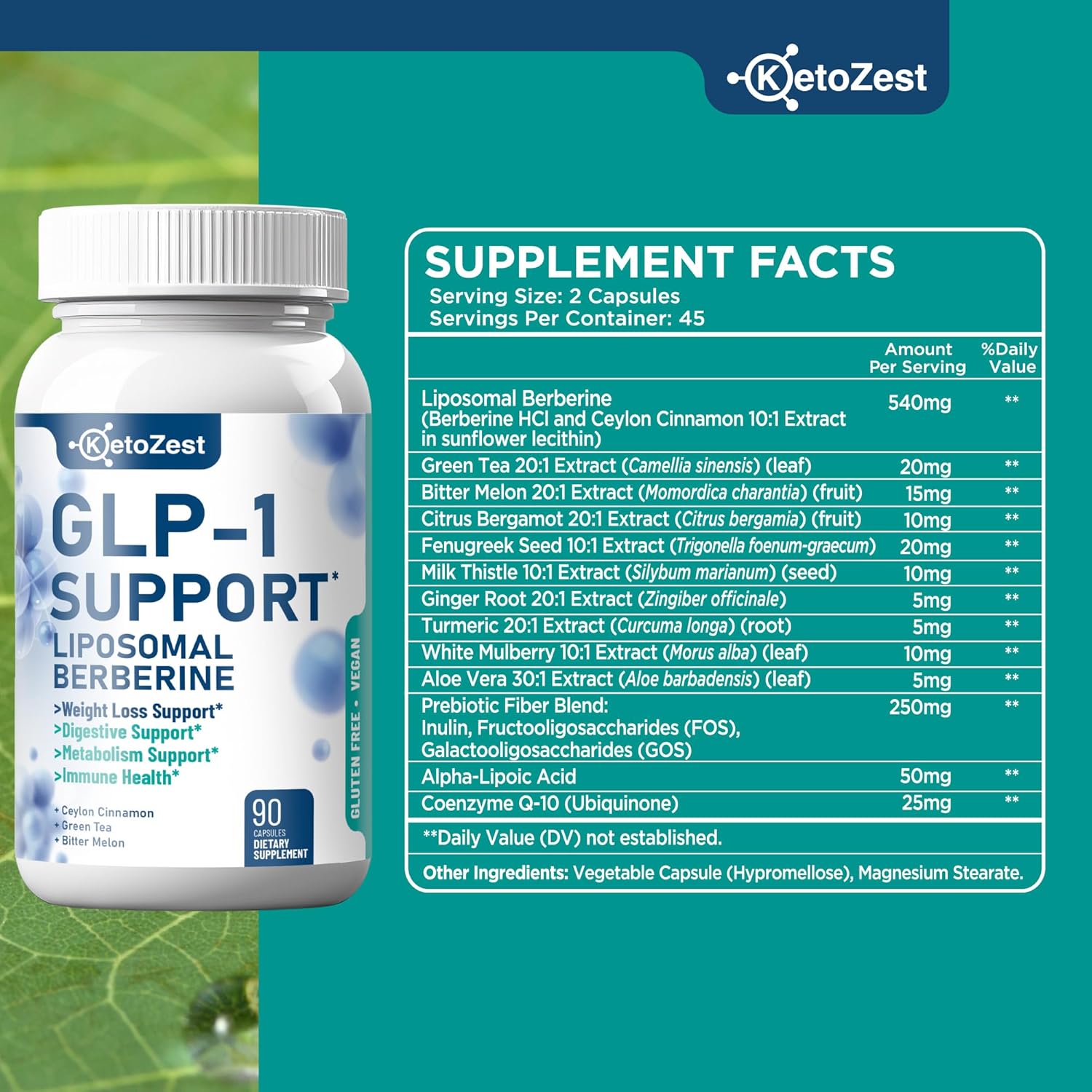GLP-1 Support Weight Loss Supplement - 15-in-1 GLP1 Support for Weight Management Appetite Suppressant Fat Burn for Women Men - with Liposomal Berberine HCl Bitter Melon Citrus Bergamot - Image 7