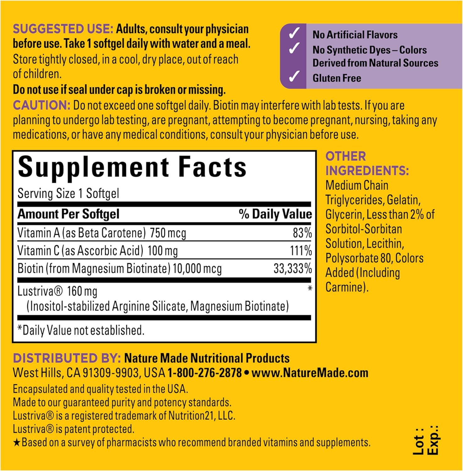 Nature Made Hair Growth Softgels, Clinically Studied Lustriva + Biotin, Vitamin C & A, Hair Growth Vitamins - Support Healthy Hair as You Age, 30 Softgels, 30 Day Supply - Image 8