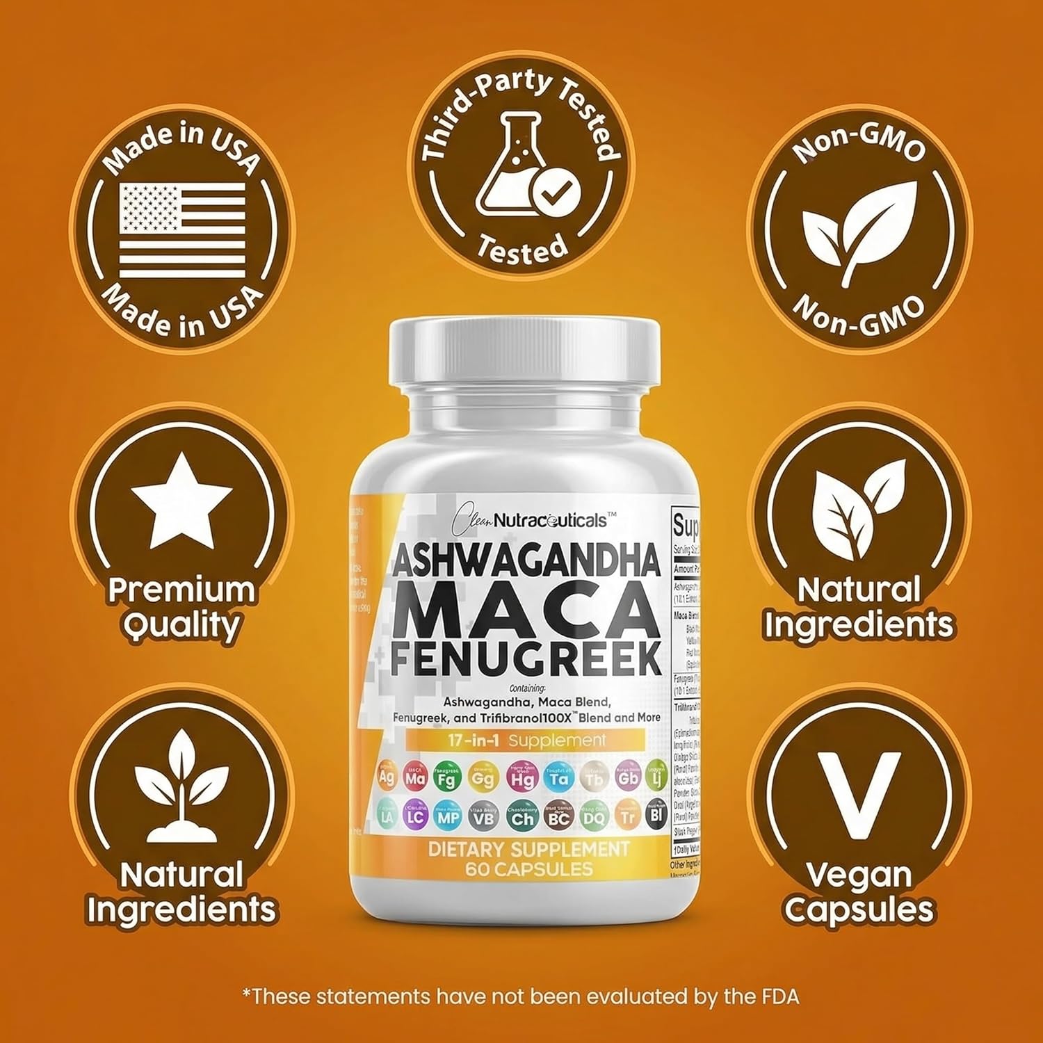 Clean Nutraceuticals Ashwagandha Maca Root Fenugreek Supplement with Tongkat Ali Ginseng - Assists with Stress, Mood & Thyroid - Ashwagandha Capsules Fenugreek Caps - 1 Pack - Image 8