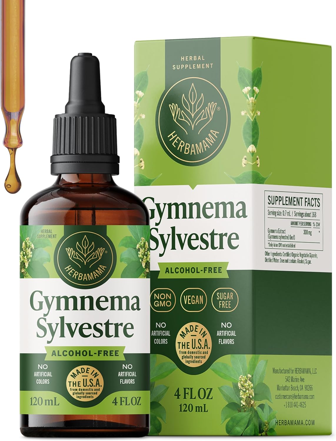 HERBAMAMA Gymnema Sylvestre Drops - Vegan Antioxidant & Overall Support with Gymnema Leaf Extract Tincture - Non-GMO, Alcohol & Sugar-Free Liquid Gurmar Supplement, 84-Day Supply