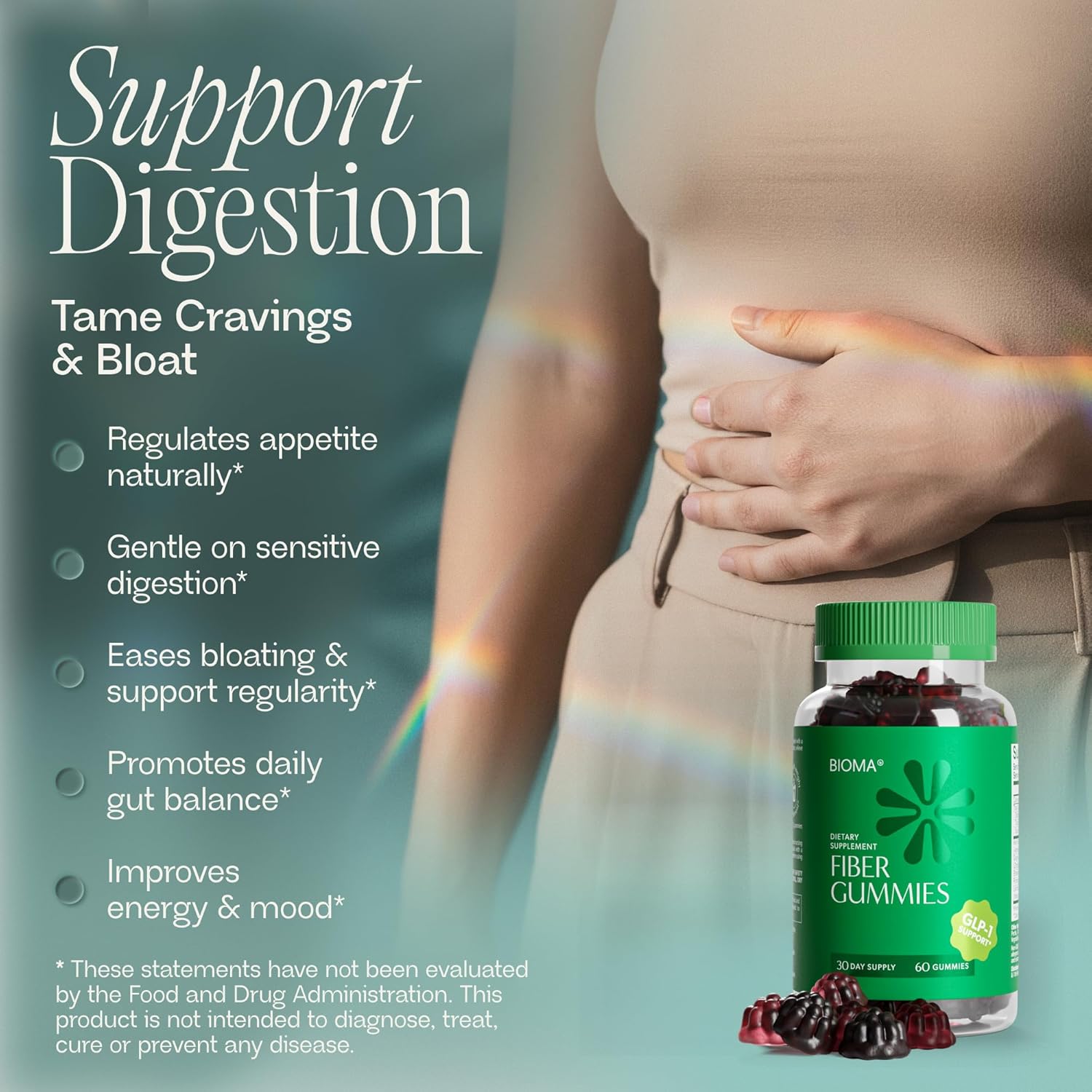Fiber Gummies for Women - Natural GLP-1 Support with Kiwi, Pomegranate & Ginger - Sugar Free Digestive Health Supplement, Prebiotic FOS Fiber - Vegan & Gluten Free (60 Gummies - 30 Day Supply) - Image 2