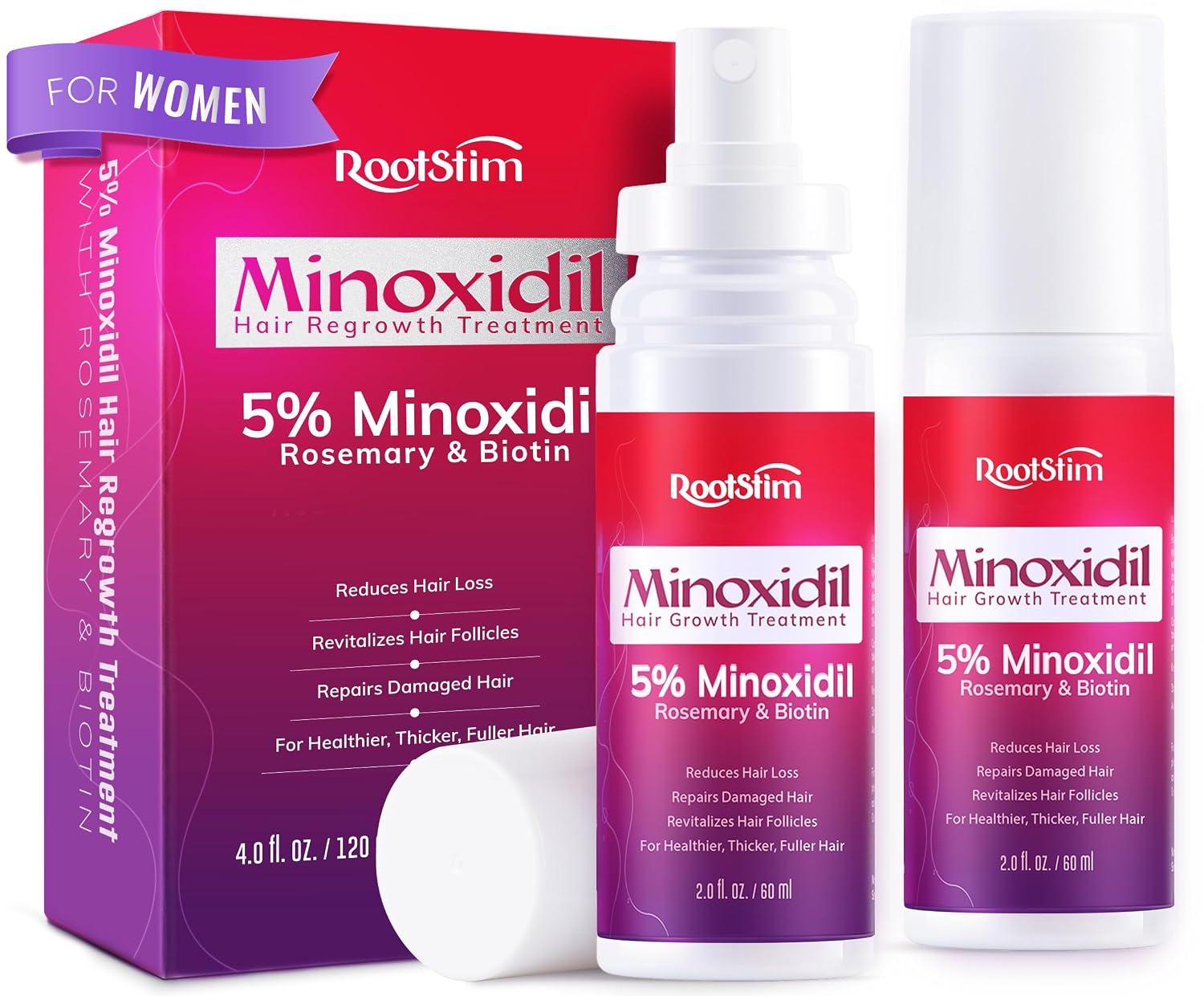 Women's 5% Minoxidil Spray for Hair Growth: 2-Pack RootStim Extra Strength Minoxidil with Rosemary & Biotin for Thinning Hair Regrowth and Fuller Hair - 60ML Each