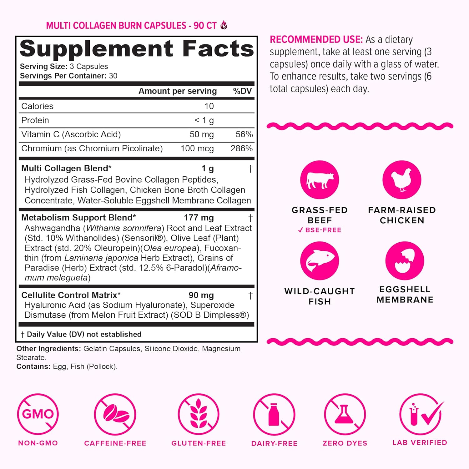 Multi Collagen Burn: Multi-Type Hydrolyzed Protein Peptides with Hyaluronic Acid, Vitamin C, SOD B Dimpless, Types I, II, III, V and X, Caffeine-Free (Unflavored Capsules) - Image 2