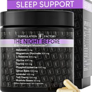 Formulation Factory The Night Before Magnesium Glycinate Sleep Aid, 10-in-1 Sleep Supplement with Melatonin 4mg, L-Theanine, Lemon Balm, Tart Cherry, Relaxation, Recovery, Sleep Support, 120 Capsules
