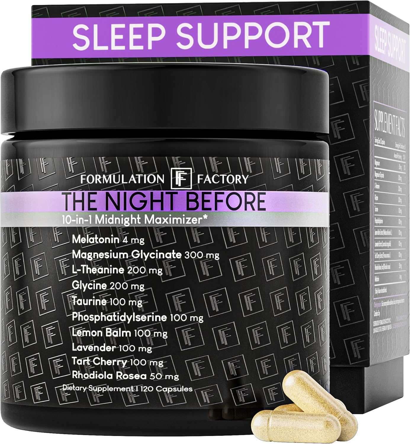 Formulation Factory The Night Before Magnesium Glycinate Sleep Aid, 10-in-1 Sleep Supplement with Melatonin 4mg, L-Theanine, Lemon Balm, Tart Cherry, Relaxation, Recovery, Sleep Support, 120 Capsules