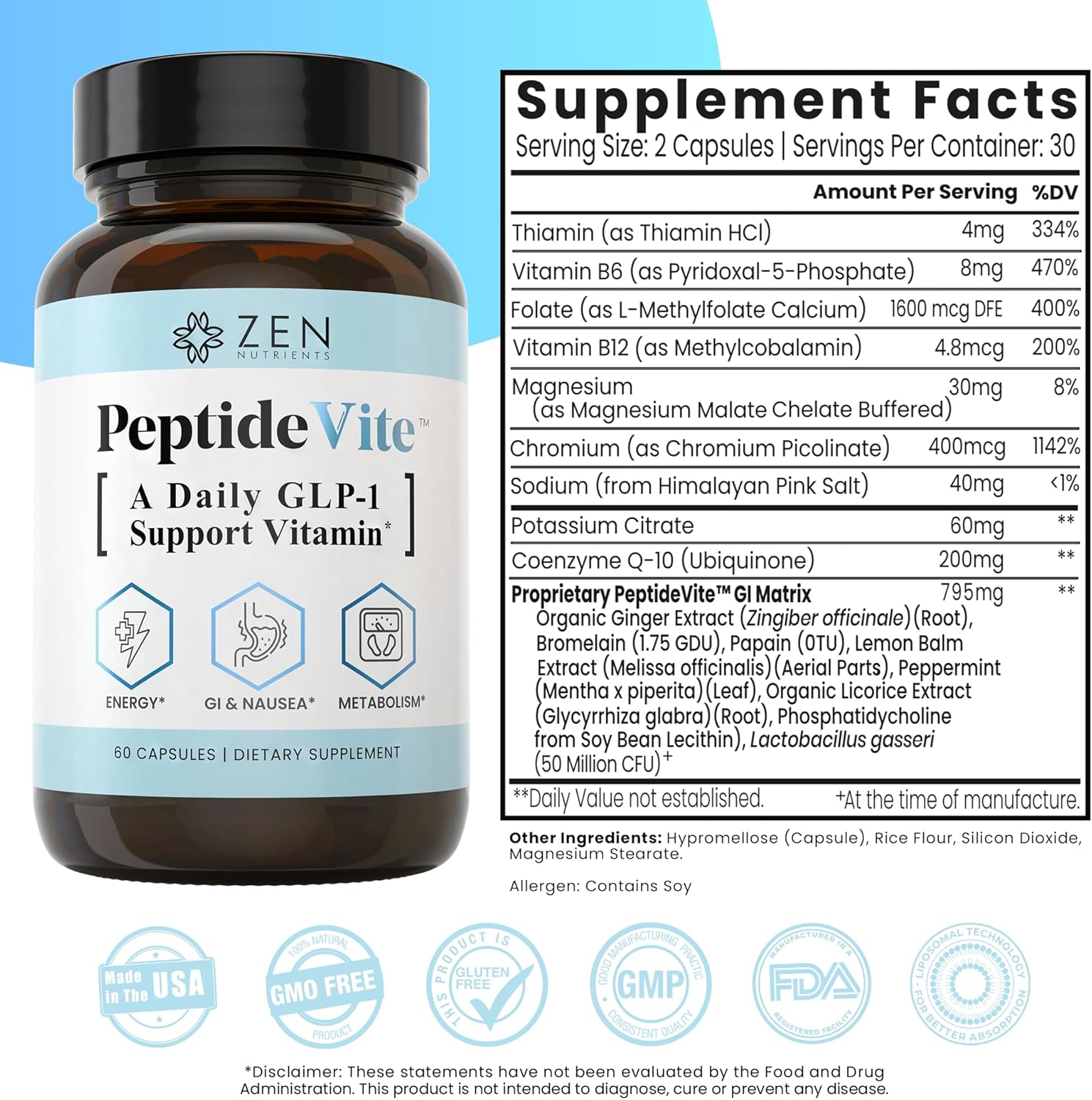 Zen Nutrients PeptideVite GLP-1 Support Vitamin for Gut Health with Probiotics, Bromelain, Chromium Picolinate & Organic Ginger (60 Capsules) - Image 4