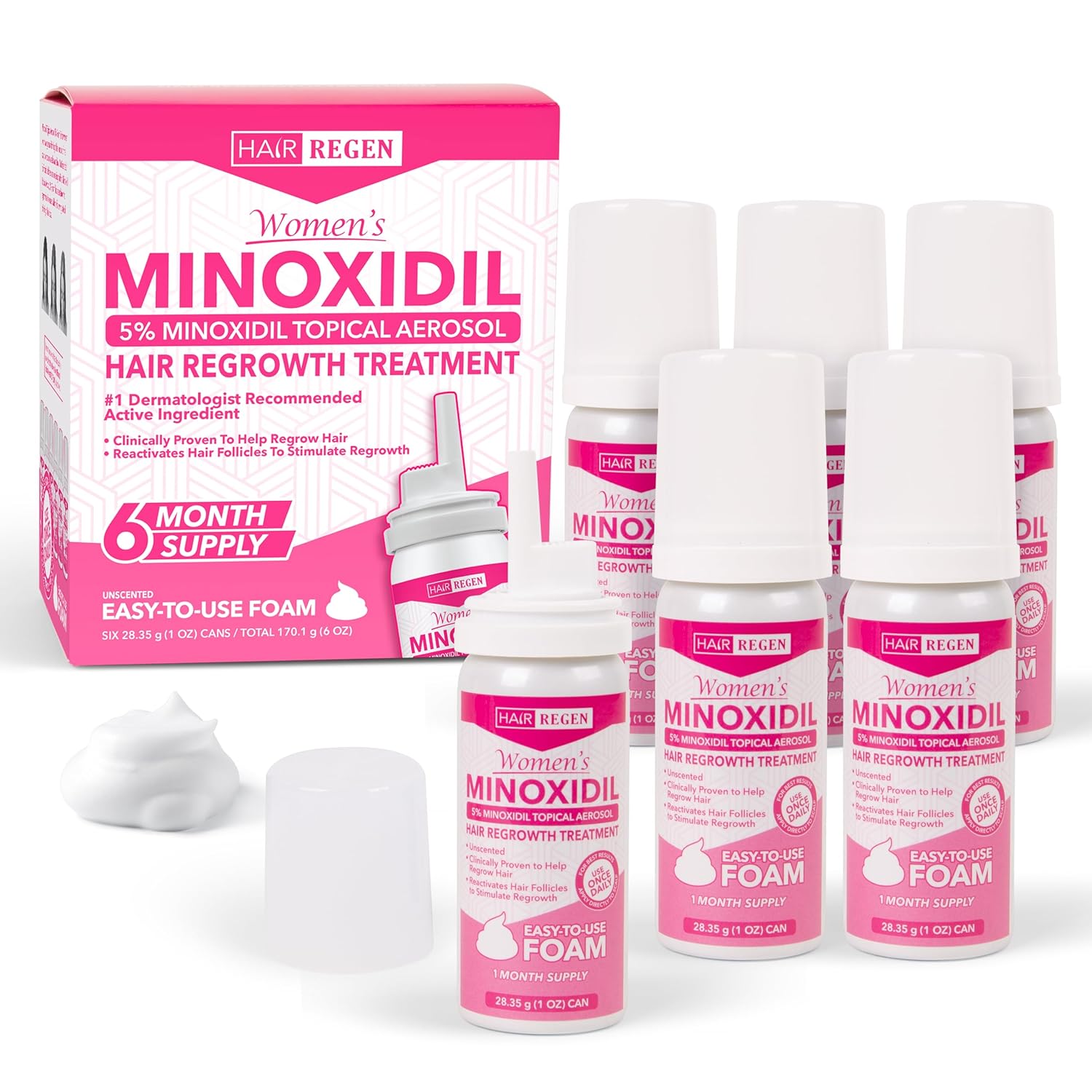 Hair Regen Minoxidil Foam for Women 5% Percent - Women's Hair Growth Treatment for Her - Topical Foaming Minoxidil for Women - Great for Hair Regrowth and Reduce Hair Loss - 6 Pack as 6 Month Supply