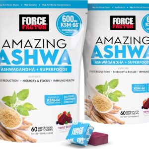 Force Factor Amazing Ashwa for Stress Relief, Memory, Focus, and Immune Support Health, Ashwaganda Supplement with KSM-66 Ashwagandha for Stress, 120 Soft Chews