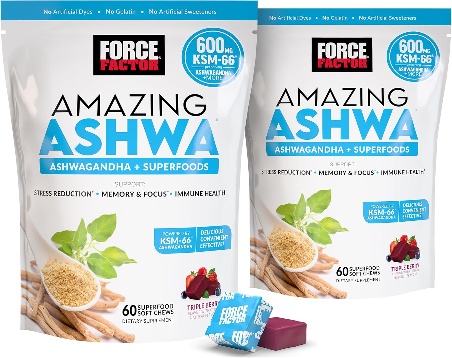 Force Factor Amazing Ashwa for Stress Relief, Memory, Focus, and Immune Support Health, Ashwaganda Supplement with KSM-66 Ashwagandha for Stress, 120 Soft Chews