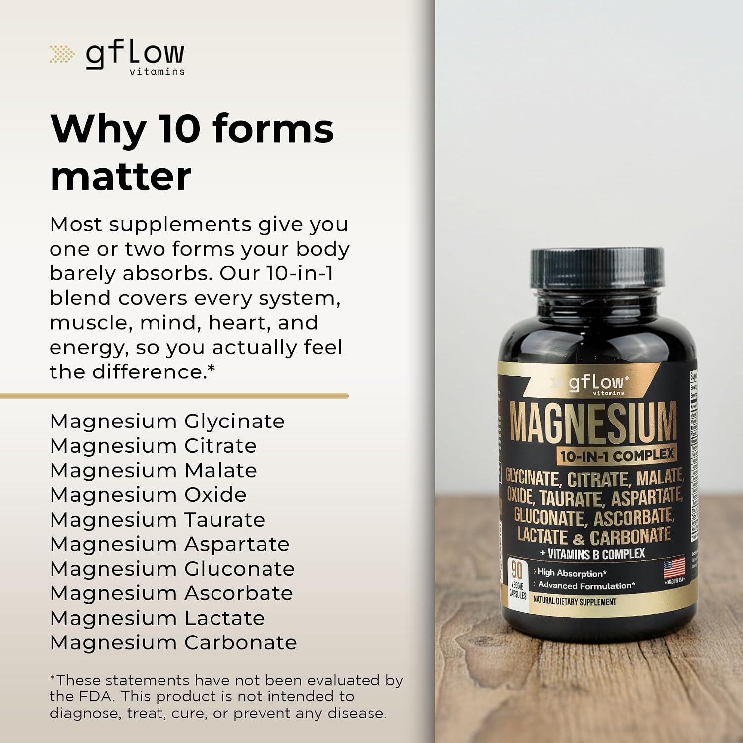 gflow vitamins Magnesium Complex Supplement - 10 Active Forms, Glycinate, Citrate, Malate, Oxide, Taurate, Aspartate, Gluconate, Ascorbate, Lactate, Carbonate, Plus More with Vitamin C B1 B2 B6 B12 - Image 3