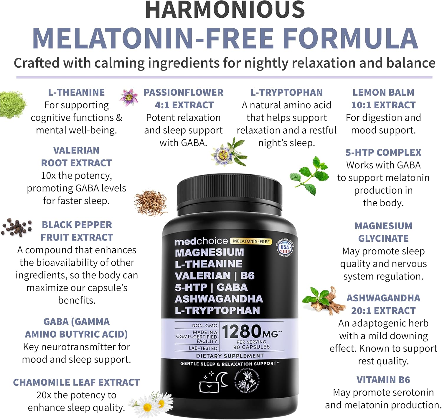 12-in-1 Sleep Support Capsules - Melatonin-Free and Non-Habit Forming Sleep Supplement with a Balanced Blend of Magnesium, Ashwagandha, L-Tryptophan, Valerian Root, GABA and 5-HTP (90 Capsules) - Image 3