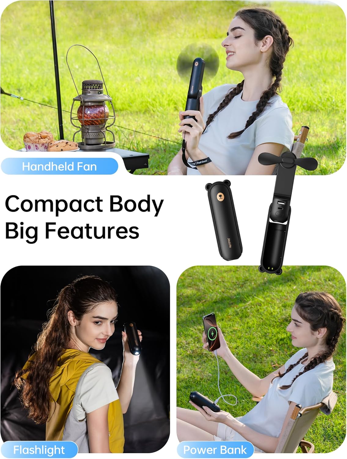 JISULIFE Handheld Fan 8 Plus: All-in-One Mini Fan with 37Hrs Cooling & 4500mAh PowerBank & Flashlight, USB Rechargeable, Portable Pocket Size for Travel, Makeup, Concert, Gifts for Women(Black) - Image 2