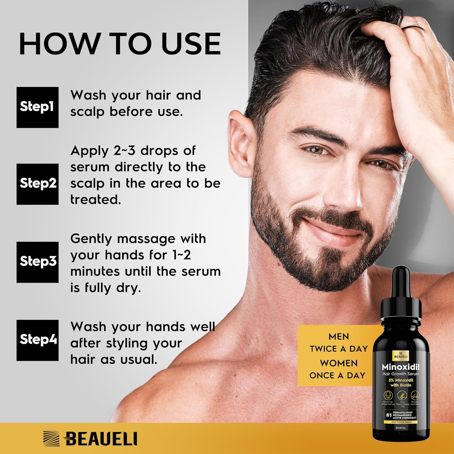 beaueli 5% Minoxidil for Men & Women Hair Growth, Beard Growth, Hair Loss Treatment, Unisex Adult 1oz - Image 5