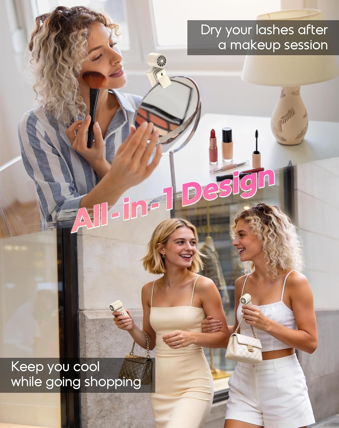 Portable Clip-On Mini Fan, Hands-Free, Turbo Personal Handheld Fans Rechargeable w/ 4 Wind & LED Display, Pocket Size Summer Cooling Essentials for Travel/EyeLash/Beach/Concert, Gifts for Women(Ivory) - Image 4