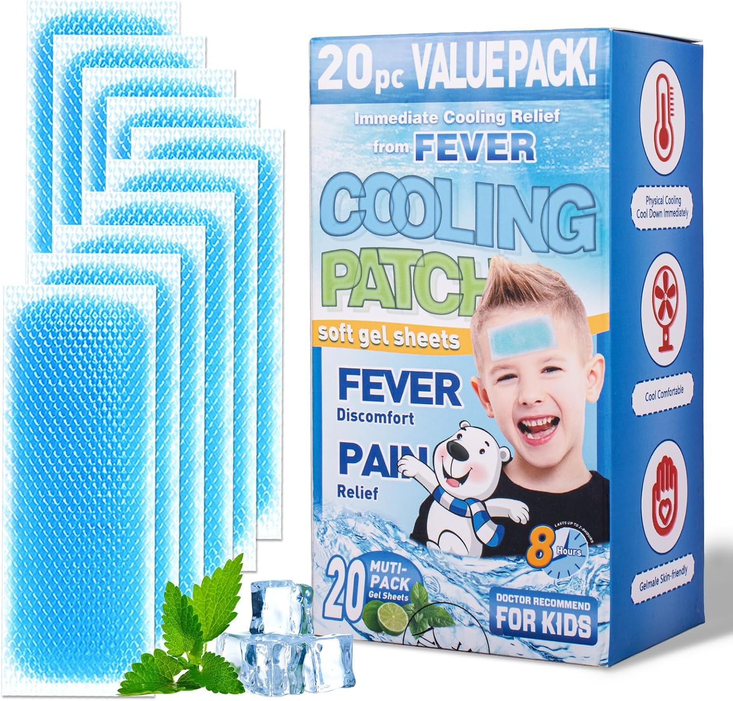 Cooling Gel Sheets for Forehead and Neck, Mint Scent - Single Pre-Moistened Patch 5 x 2 Inch, No Refrigeration Needed, Individually Wrapped, Non-Greasy, Portable for Adults and Kids