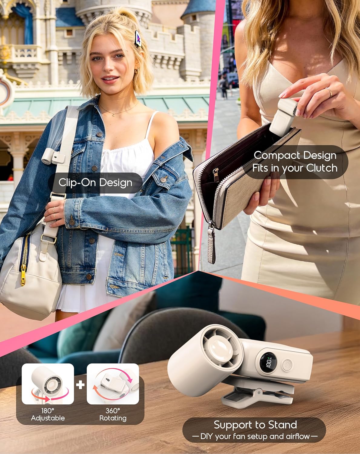 Portable Clip-On Mini Fan, Hands-Free, Turbo Personal Handheld Fans Rechargeable w/ 4 Wind & LED Display, Pocket Size Summer Cooling Essentials for Travel/EyeLash/Beach/Concert, Gifts for Women(Ivory) - Image 6