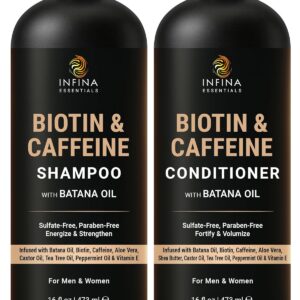 INFINA ESSENTIALS Caffeine Biotin Shampoo and Conditioner Set | Hair Thickening & Strengthening | 16 fl oz Each | with Batana Oil & Castor Oil | For Thinning Hair Care | Men & Women