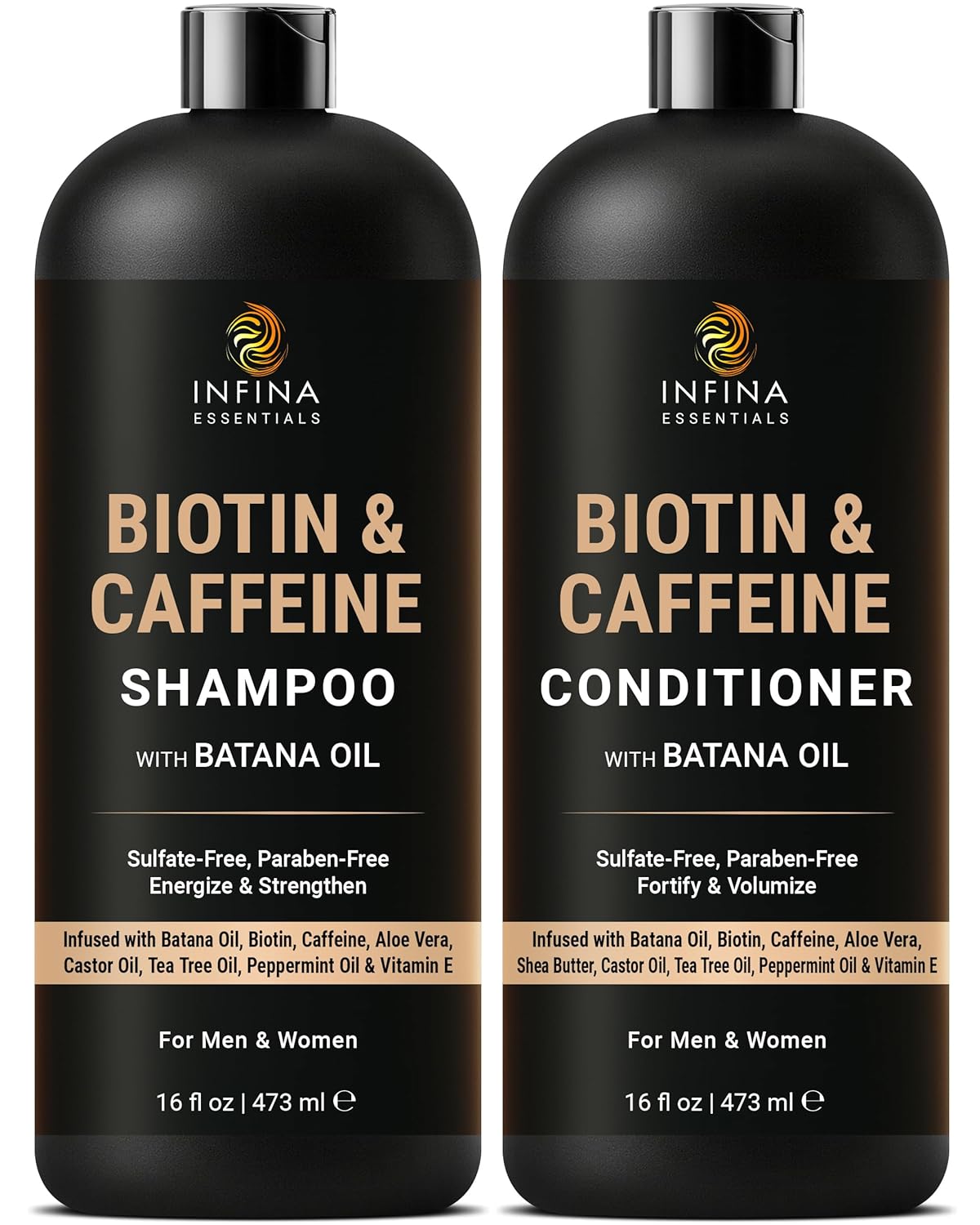 INFINA ESSENTIALS Caffeine Biotin Shampoo and Conditioner Set | Hair Thickening & Strengthening | 16 fl oz Each | with Batana Oil & Castor Oil | For Thinning Hair Care | Men & Women